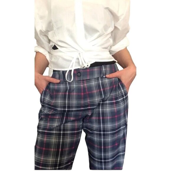 Nike Golf Pants Womens Sz 14 Plaid Blue Pink Tartan Performance Dri Fit Golfing - Picture 1 of 14
